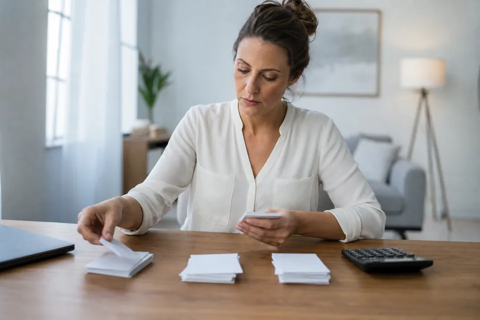 Investor sorting a domain list into keep, list and drop piles at a desk