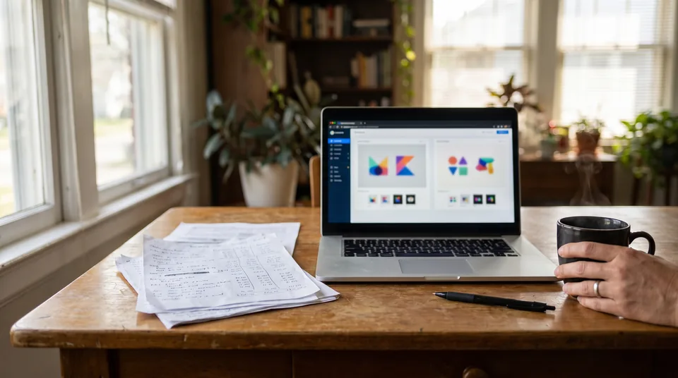 Domain seller comparing two brandable marketplace dashboards with logo mockups on a desk