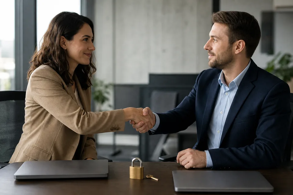 Buyer and seller shaking hands over a closed domain name sale