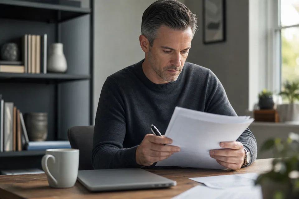 Domain investor reading a printed appraisal report at a home office desk