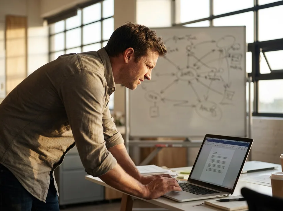 AI startup founder reviewing a domain purchase on a laptop
