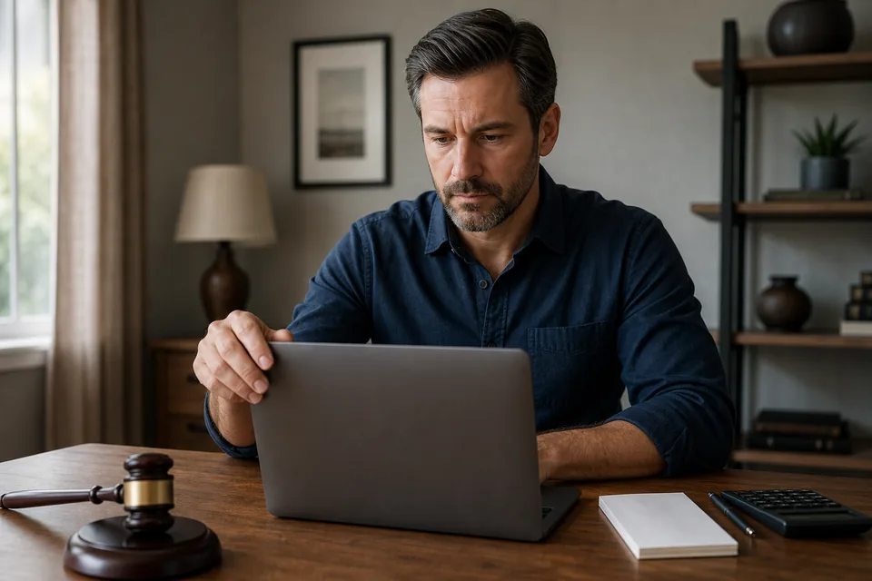 Domain seller at a desk weighing an auction listing against a marketplace fee